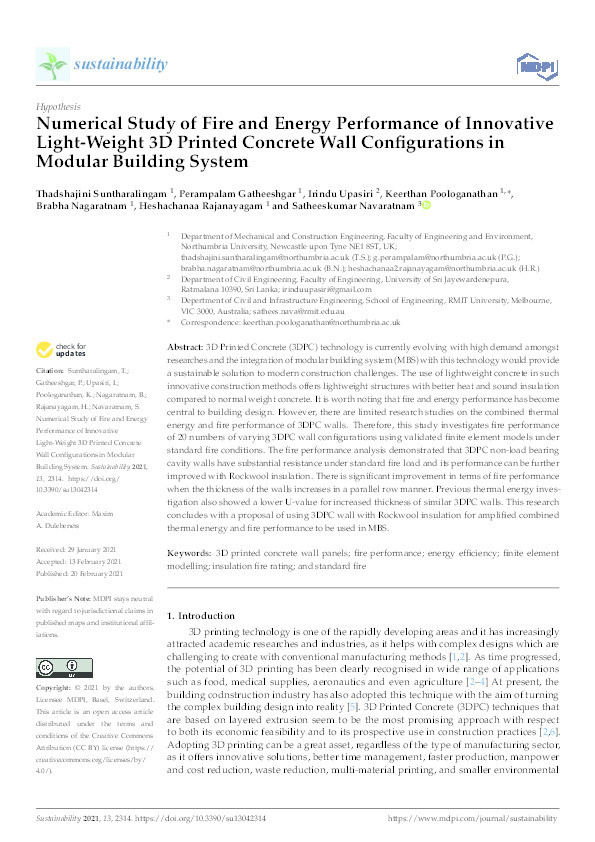 Numerical study of fire and energy performance of innovative light-weight 3d printed concrete wall configurations in modular building system Thumbnail