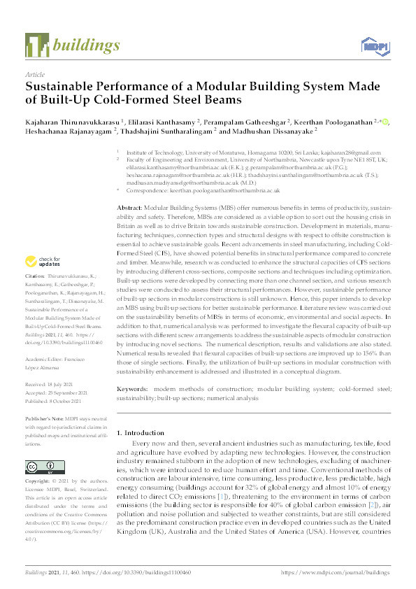 Sustainable performance of a modular building system made of built-up cold-formed steel beams Thumbnail