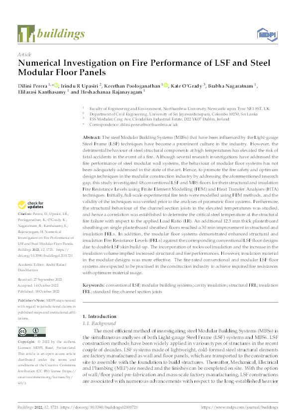 Numerical investigation on fire performance of LSF and steel modular floor panels Thumbnail