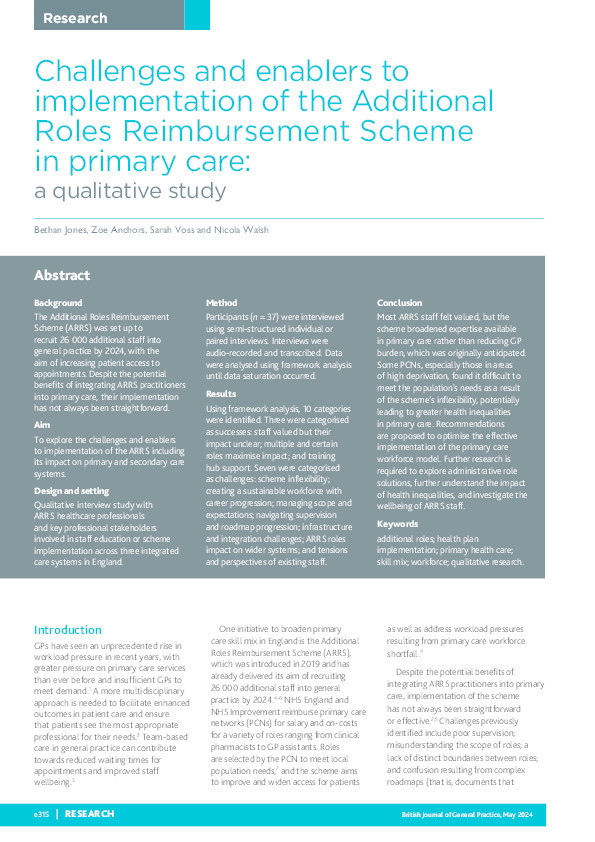 Challenges and enablers to implementation of the Additional Roles Reimbursement Scheme in primary care: A qualitative study Thumbnail