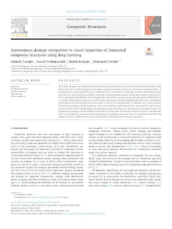 Autonomous damage recognition in visual inspection of laminated composite structures using deep learning Thumbnail