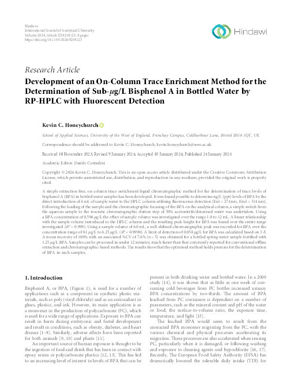 Development of an on-column trace enrichment method for the determination of sub-μg/L bisphenol A in bottled water by RP-HPLC with fluorescent detection Thumbnail