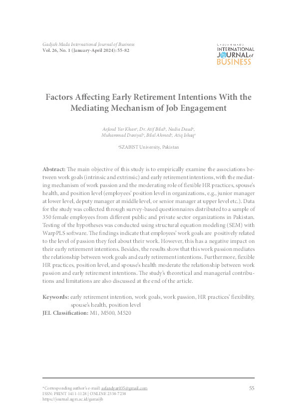 Factors affecting early retirement intentions with the mediating mechanism of job engagement Thumbnail