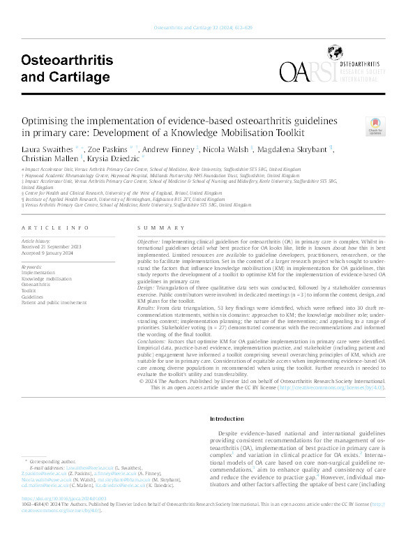 Optimising the implementation of evidence-based osteoarthritis guidelines in primary care: Development of a Knowledge Mobilisation Toolkit Thumbnail