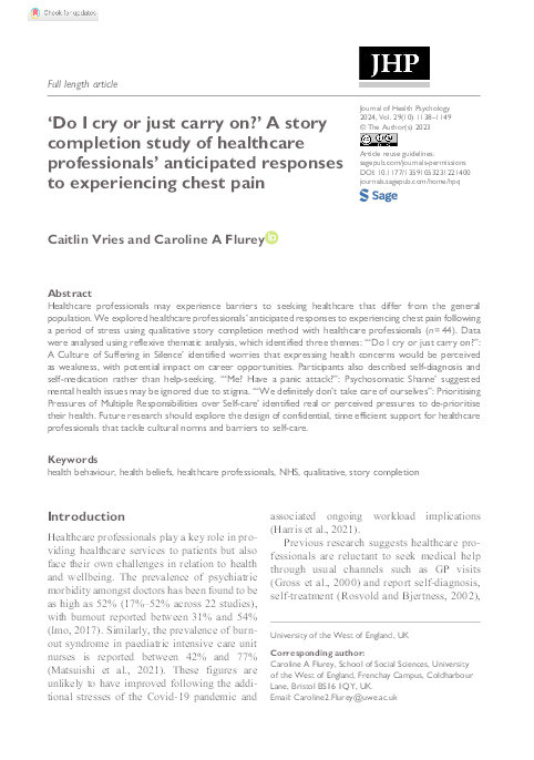 ‘Do I cry or just carry on’: A story completion study of healthcare professionals’ anticipated responses to experiencing chest pain Thumbnail