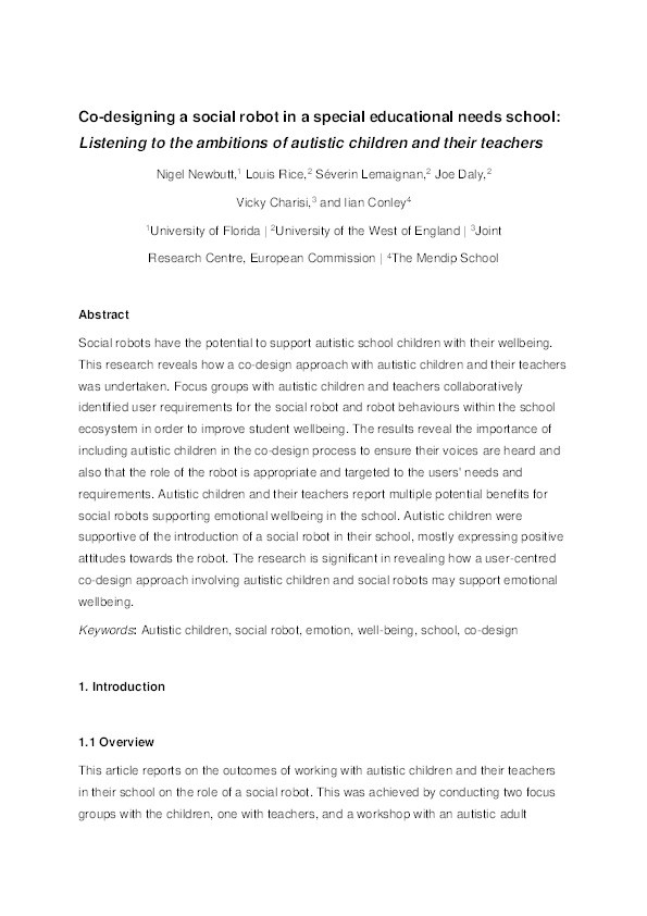 Co-designing a social robot in a special educational needs school: Listening to the ambitions of autistic children and their teachers Thumbnail