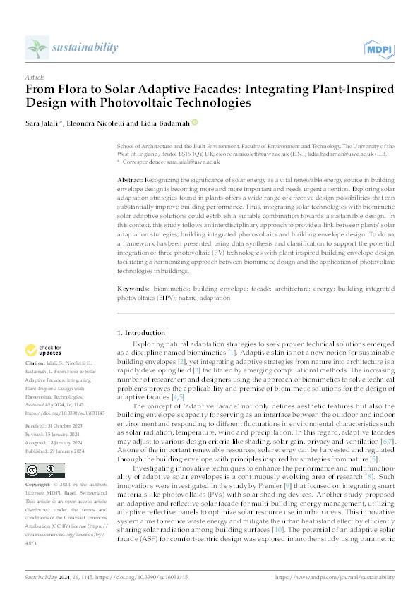 From Flora to Solar Adaptive Facades: Integrating Plant-Inspired Design with Photovoltaic Technologies Thumbnail