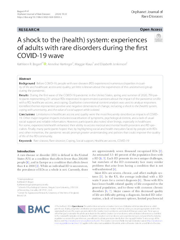 A shock to the (health) system: Experiences of adults with rare disorders during the first COVID-19 wave Thumbnail