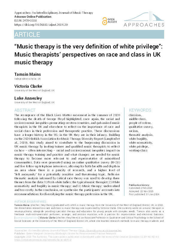 "Music therapy is the very definition of white privilege": Music therapists' perspectives on race and class in UK music therapy Thumbnail