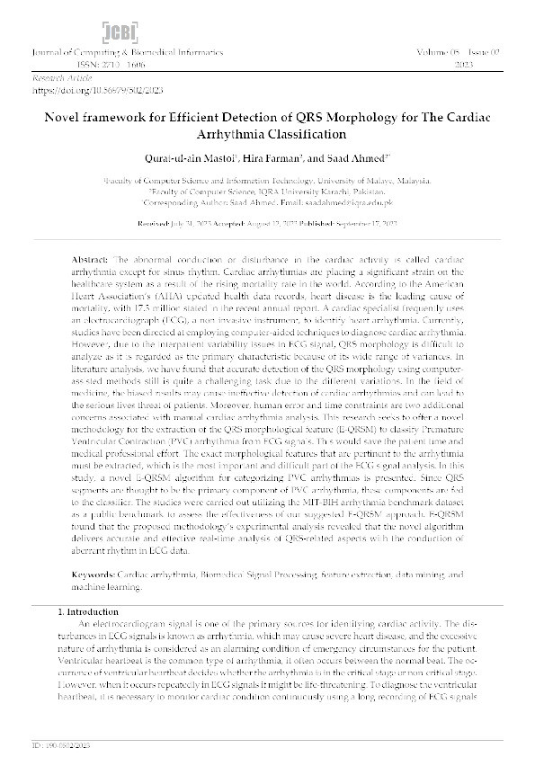 Novel framework for efficient detection of QRS morphology for the cardiac arrhythmia classification Thumbnail