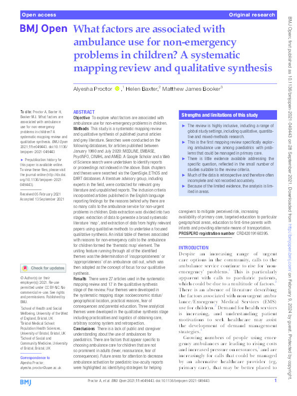 What factors are associated with ambulance use for non-emergency problems in children? A systematic mapping review and qualitative synthesis Thumbnail
