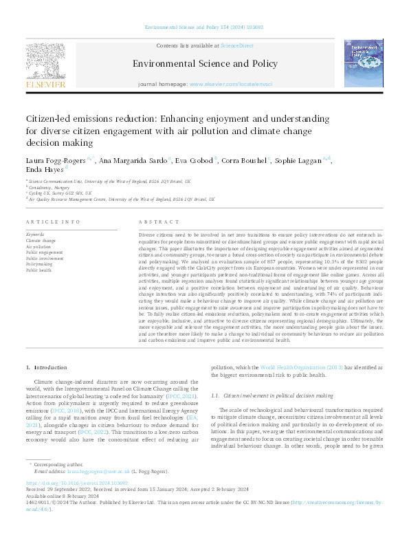 Citizen-led emissions reduction: Enhancing enjoyment and understanding for diverse citizen engagement with air pollution and climate change decision making Thumbnail