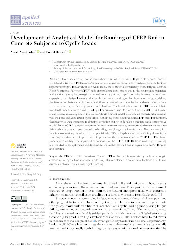 Development of analytical model for bonding of CFRP rod in concrete subjected to cyclic loads Thumbnail