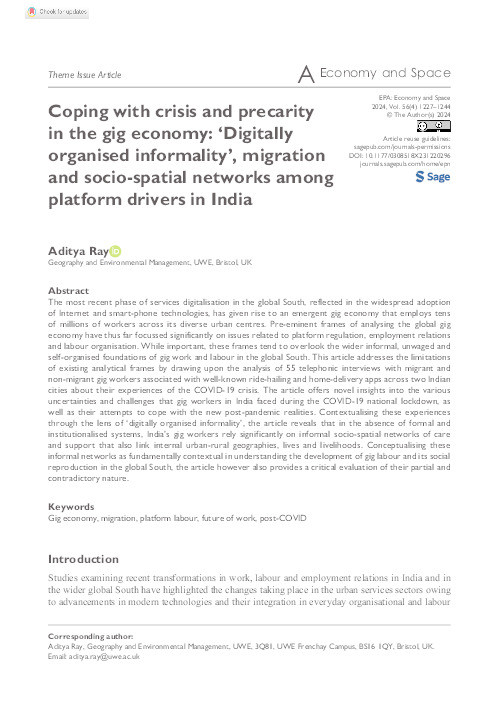 Coping with crisis and precarity in the gig economy: ‘Digitally organised informality’, migration and socio-spatial networks among platform drivers in India Thumbnail