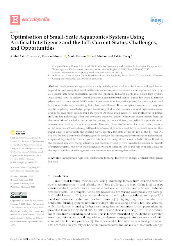 Optimisation of small-scale aquaponics systems using artificial intelligence and the IoT: Current status, challenges, and opportunities Thumbnail