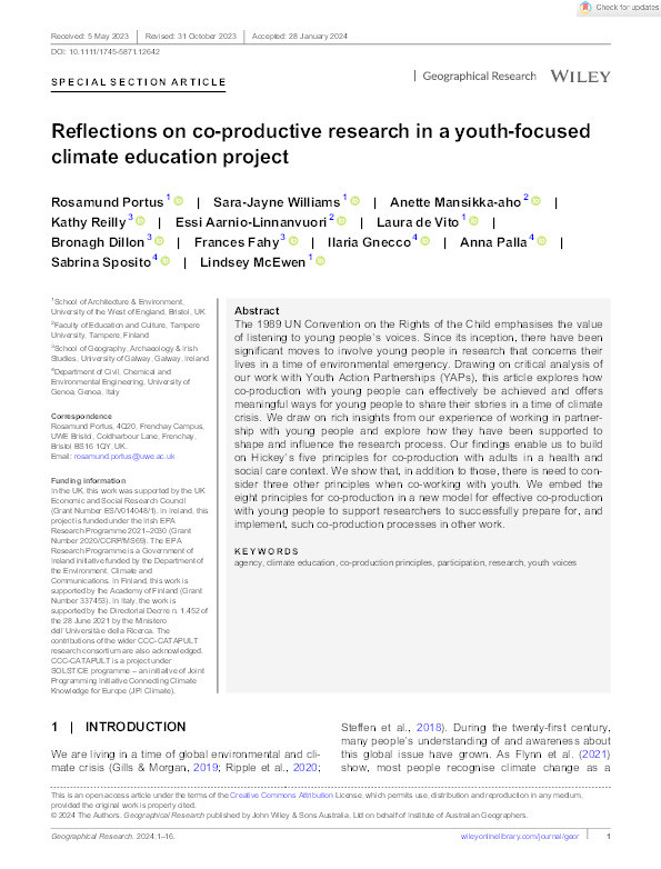 Reflections on co-productive research in a youth-focused climate education project Thumbnail
