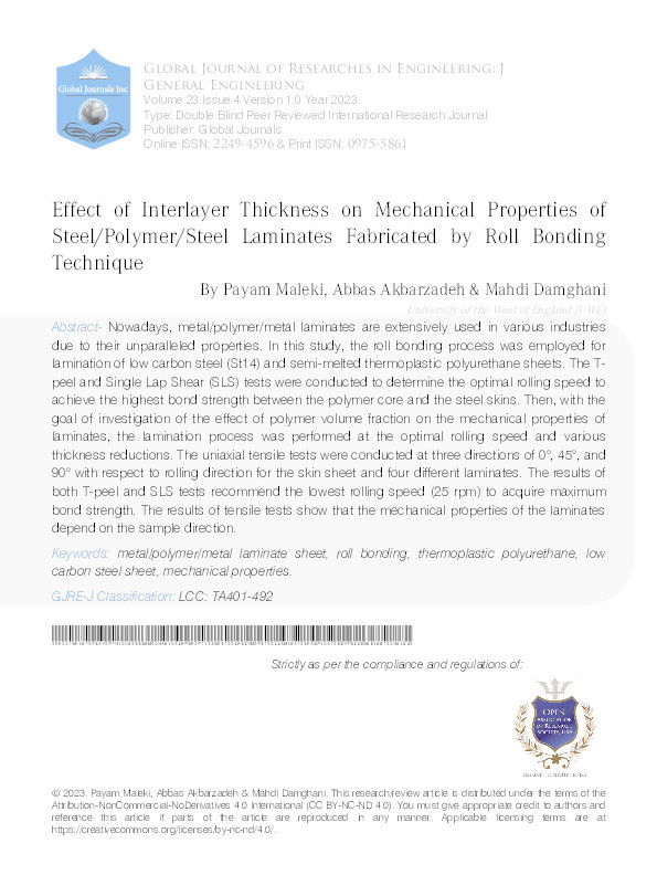 Effect of interlayer thickness on mechanical properties of steel/polymer/steel laminates fabricated by roll bonding technique Thumbnail