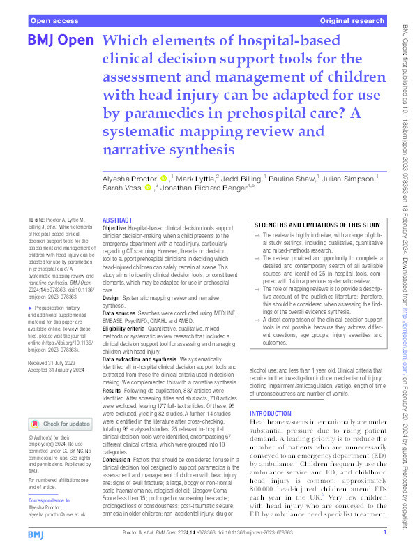 Which elements of hospital-based clinical decision support tools for the assessment and management of children with head injury can be adapted for use by paramedics in prehospital care? A systematic mapping review and narrative synthesis Thumbnail