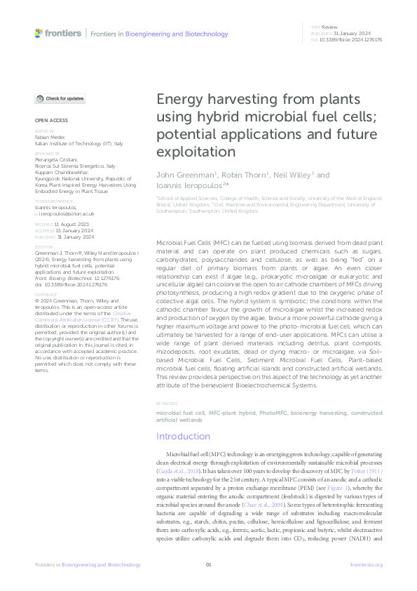 Energy harvesting from plants using hybrid microbial fuel cells; potential applications and future exploitation Thumbnail