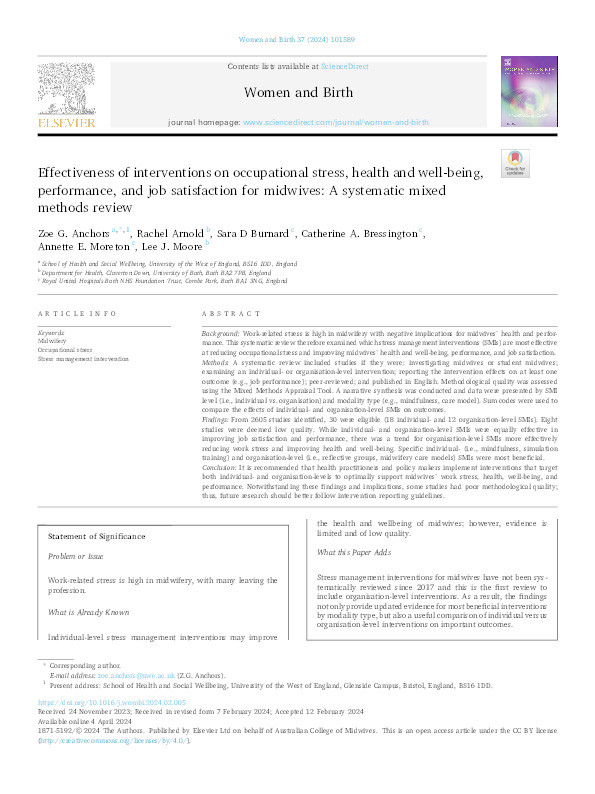 Effectiveness of interventions on occupational stress, health and well-being, performance, and job satisfaction for midwives: A systematic mixed methods review Thumbnail