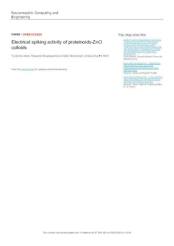 Electrical spiking activity of proteinoids-ZnO colloids Thumbnail