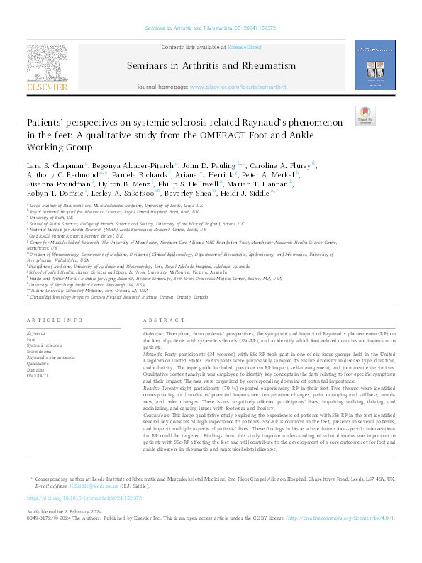 Patients' perspectives on systemic sclerosis-related Raynaud's phenomenon in the feet: A qualitative study from the OMERACT Foot and Ankle Working Group Thumbnail