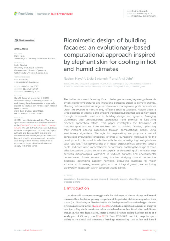 Biomimetic design of building facades: An evolutionary-based computational approach inspired by elephant skin for cooling in hot and humid climates Thumbnail