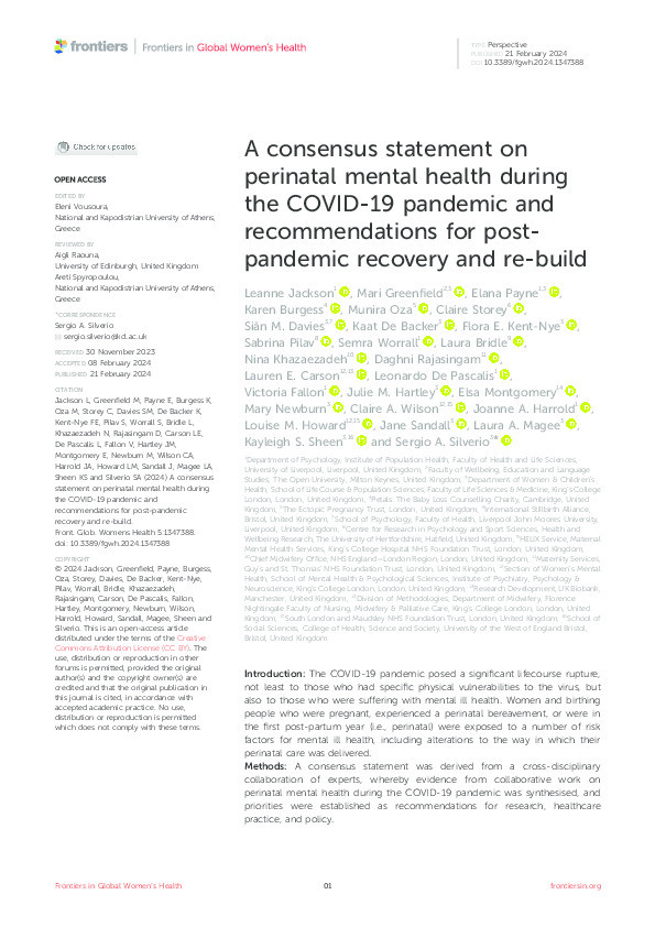 A consensus statement on perinatal mental health during the COVID-19 pandemic and recommendations for post-pandemic recovery and re-build Thumbnail