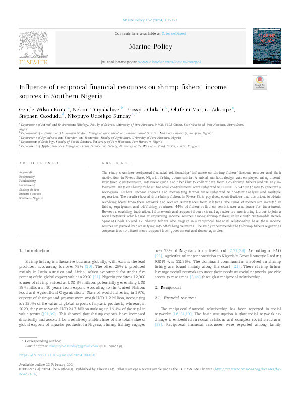 Influence of reciprocal financial resources on shrimp fishers' income sources in Southern Nigeria Thumbnail