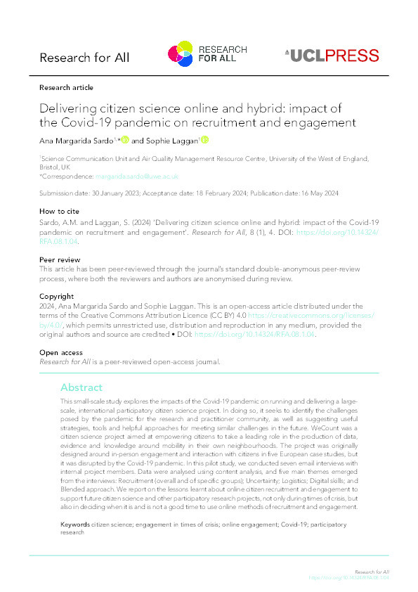 Delivering citizen science online and hybrid: Impact of the COVID-19 pandemic on recruitment and engagement Thumbnail