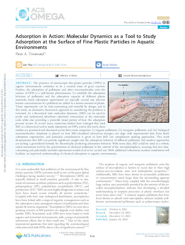 Adsorption in action: Molecular dynamics as a tool to study adsorption at the surface of fine plastic particles in aquatic environments Thumbnail