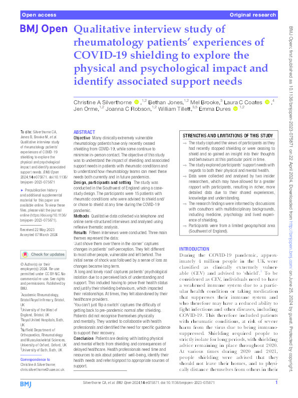 Qualitative interview study of rheumatology patients’ experiences of COVID-19 shielding to explore the physical and psychological impact and identify associated support needs Thumbnail