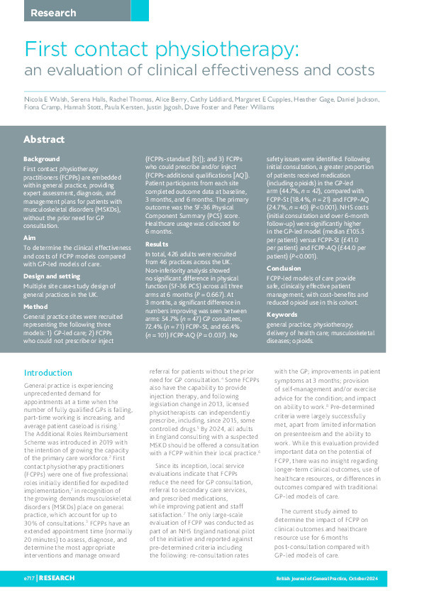 First contact physiotherapy: An evaluation of clinical effectiveness and costs Thumbnail