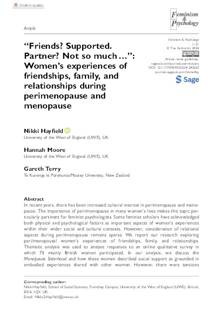 “Friends? Supported. Partner? Not so much …”: Women's experiences of friendships, family, and relationships during perimenopause and menopause Thumbnail