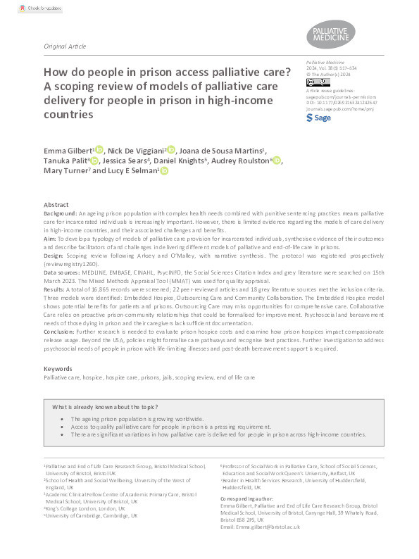 How do people in prison access palliative care? A scoping review of models of palliative care delivery for prisoners in high-income countries Thumbnail