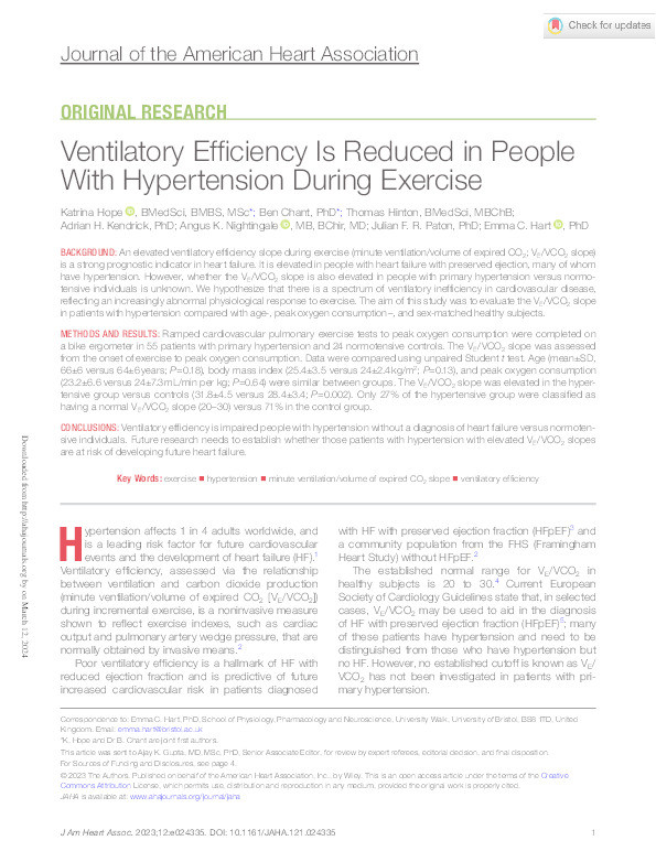 Ventilatory efficiency is reduced in people with hypertension during exercise Thumbnail