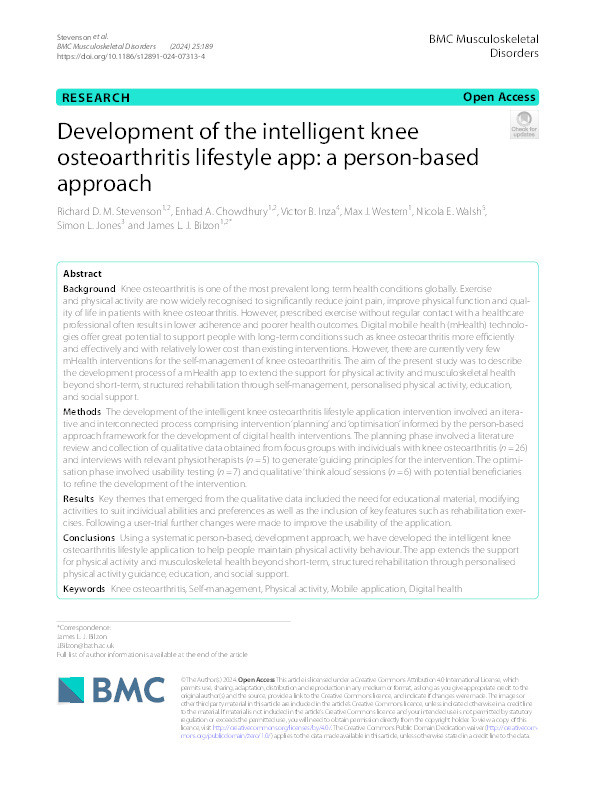 Development of the intelligent knee osteoarthritis lifestyle app: A person-based approach Thumbnail