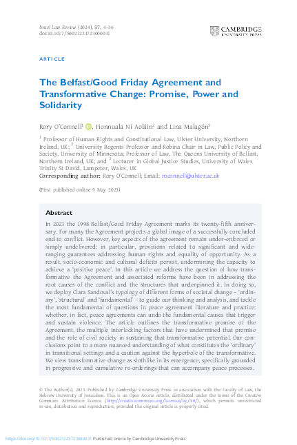 The Belfast/Good Friday Agreement and transformative change: Promise, power and solidarity Thumbnail