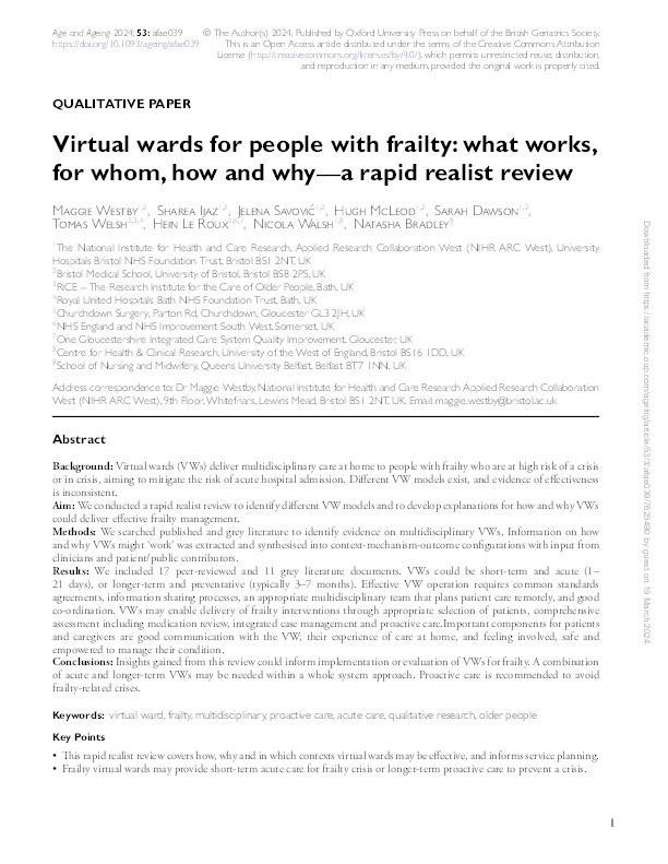 Virtual wards for people with frailty: What works, for whom, how and why—a rapid realist review Thumbnail