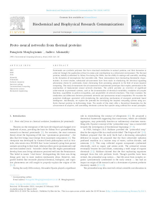 Proto–neural networks from thermal proteins Thumbnail