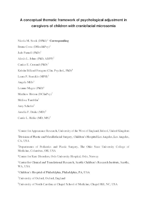 A conceptual thematic framework of psychological adjustment in caregivers of children with craniofacial microsomia Thumbnail