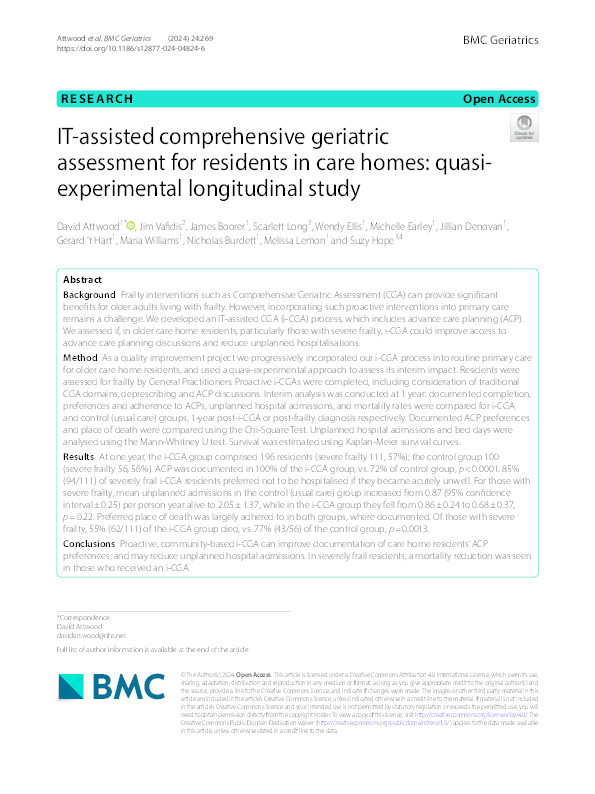 IT-assisted comprehensive geriatric assessment for residents in care homes: Quasiexperimental longitudinal study Thumbnail