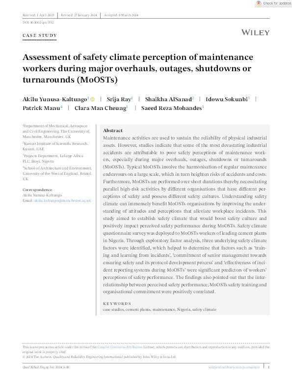 Assessment of safety climate perception of maintenance workers during major overhauls, outages, shutdowns or turnarounds (MoOSTs) Thumbnail