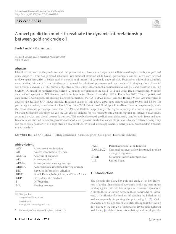 A novel prediction model to evaluate the dynamic interrelationship between gold and crude oil Thumbnail