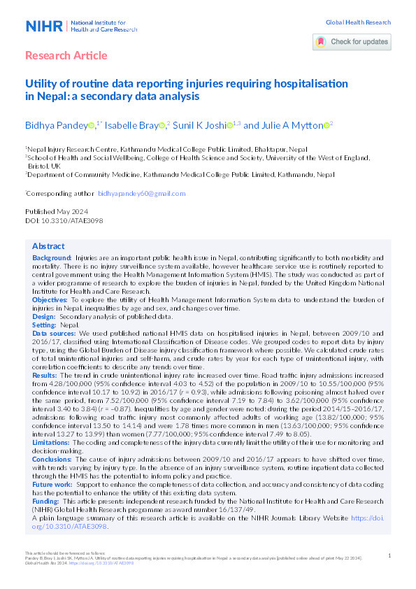 Utility of routine data reporting injuries requiring hospitalisation in Nepal: A secondary data analysis Thumbnail