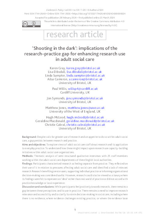 ‘Shooting in the dark’: Implications of the research–practice gap for enhancing research use in adult social care Thumbnail