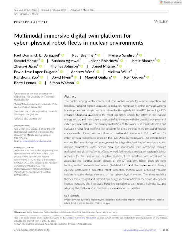 Multimodal immersive digital twin platform for cyber–physical robot fleets in nuclear environments Thumbnail