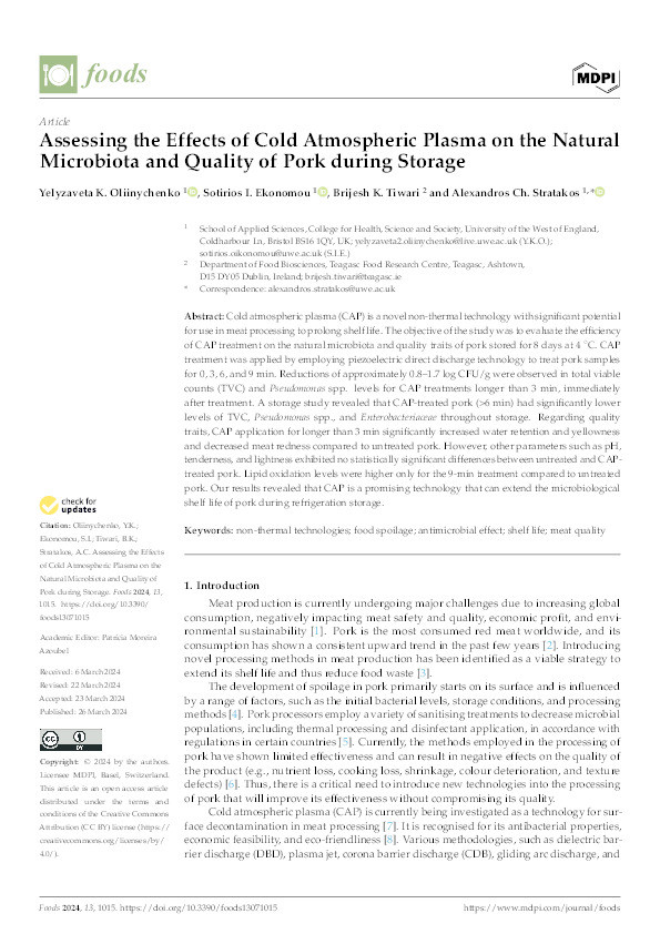 Assessing the effects of cold atmospheric plasma on the natural microbiota and quality of pork during storage Thumbnail