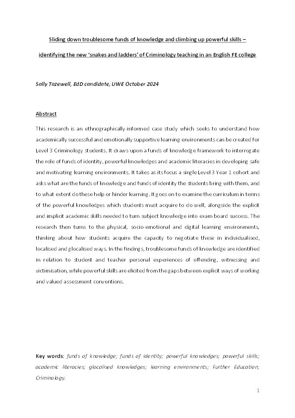 Sliding down troublesome funds of knowledge and climbing up powerful skills: Identifying the new 'snakes and ladders' of Criminology teaching in an English FE college Thumbnail