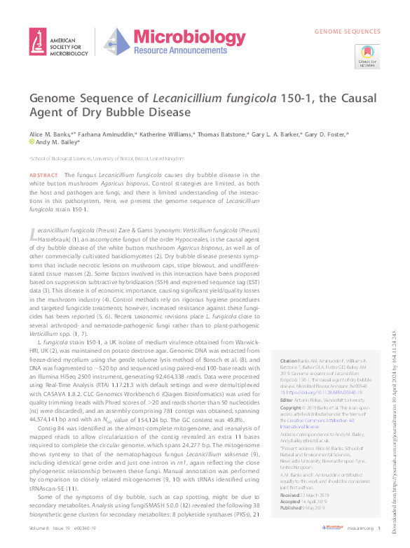 Genome sequence of Lecanicillium fungicola 150-1, the causal agent of dry bubble disease Thumbnail